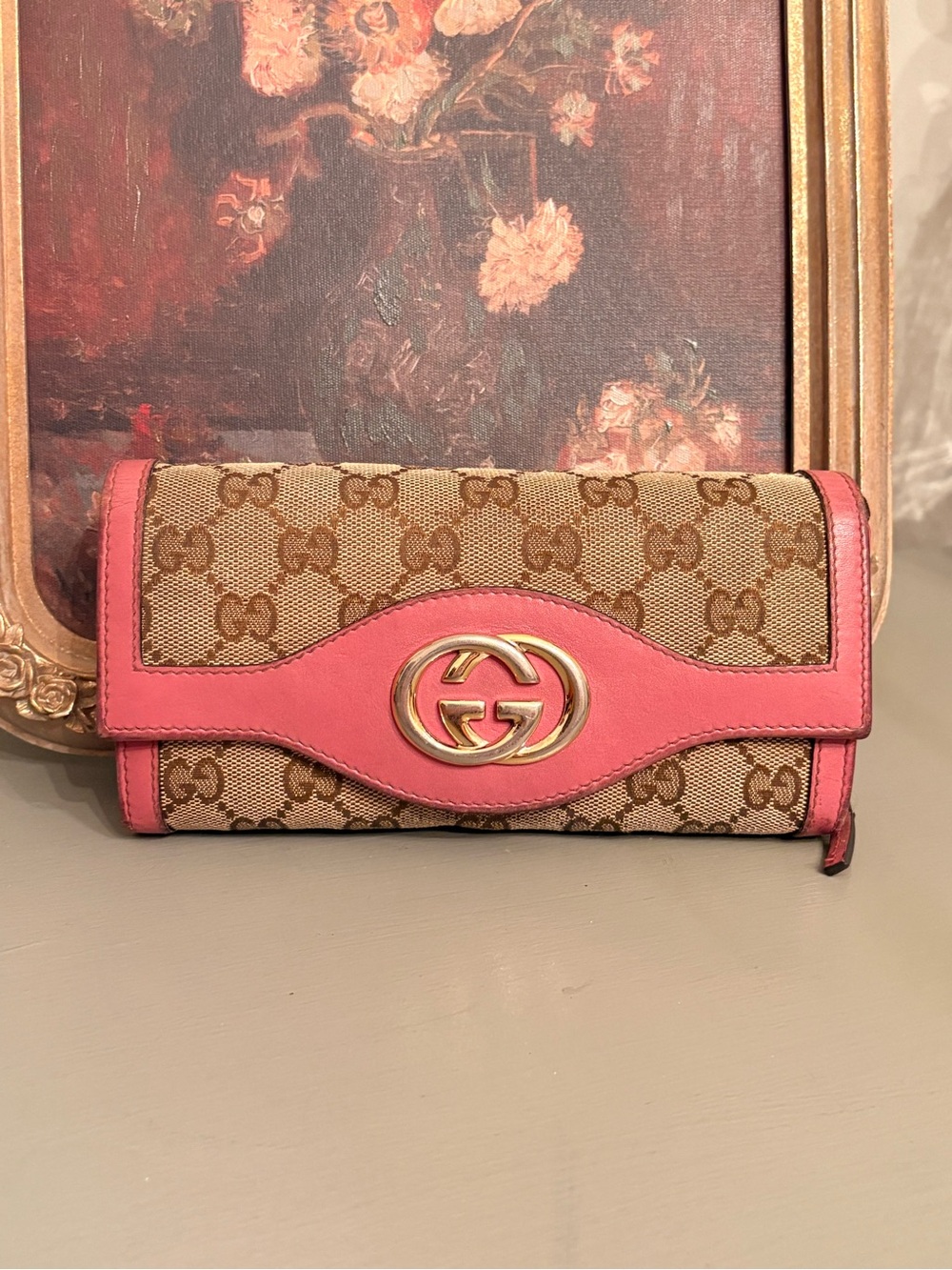 Vintage Gucci Interlocking G Canvas Continental Flap Wallet with Pink Leather